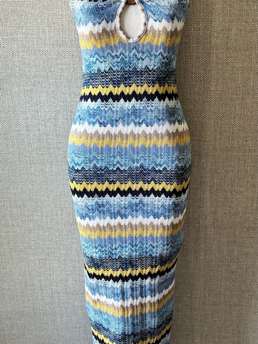 Fashion Nova Sleeveless Chevron Maxi Dress in Blue, Yellow, White, Black, Cream